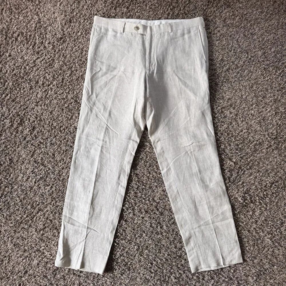 Nordstrom Pants Mens 35R Beige Flat Front Dress Trousers Ormezzano Italian Linen